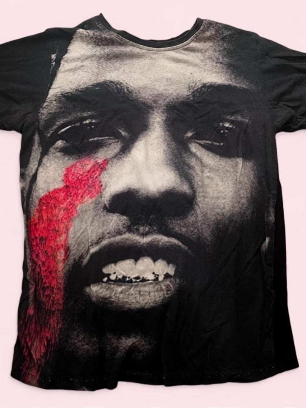 Black Graphic Print A$AP Rocky Face  Men’s T-Shirt with Red Accent